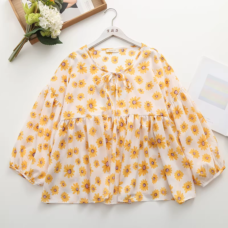 Dream Box 2023 Mùa Hè Mới Tươi Hoa Cúc Giảm Tuổi Áo Sơ Mi Búp Bê Buộc Dây Cổ Tròn Áo Chui Đầu Áo Sơ Mi Rộng Cho Nữ