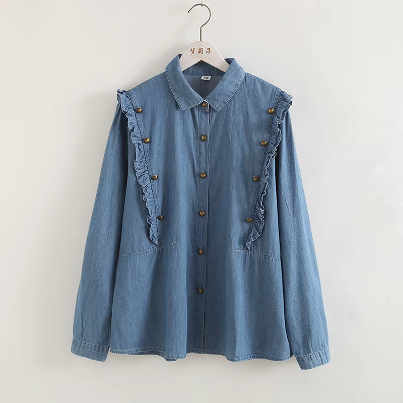 Dream Box 2023 Áo sơ mi denim cổ điển mới mùa thu có khuy đôi bằng đồng có cổ bẻ, tay dài, viền xù, áo sơ mi nữ dáng rộng