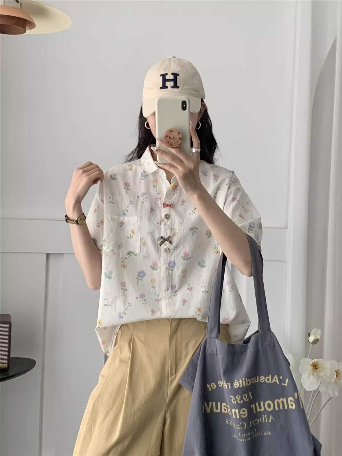 Dream Box 2025 Áo sơ mi cotton in họa tiết hoa tươi mới phong cách mùa hè mới có cổ bẻ, cúc nhiều màu, tay ngắn, dáng rộng, áo sơ mi giảm tuổi tác.