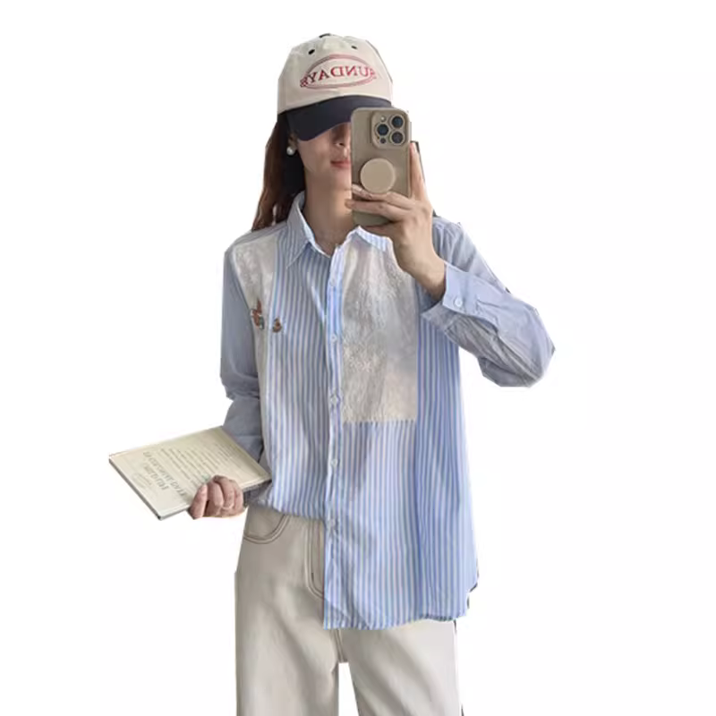 Áo sơ mi cotton thêu hình sóc Dream Box Thu 2024, cổ trụ, tay dài, dáng rộng, màu xanh sọc, dành cho nữ