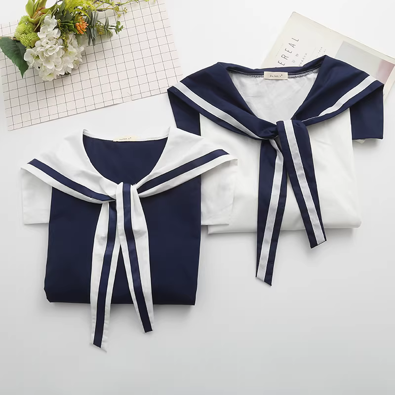 Dream Box 2023 Mùa Hè Phong Cách Mới Màu Khối Chắp Vá Thắt Nút Chéo Cổ Thủy Thủ Áo Chui Đầu Ngắn Tay Áo Cotton Rộng Cho Nữ