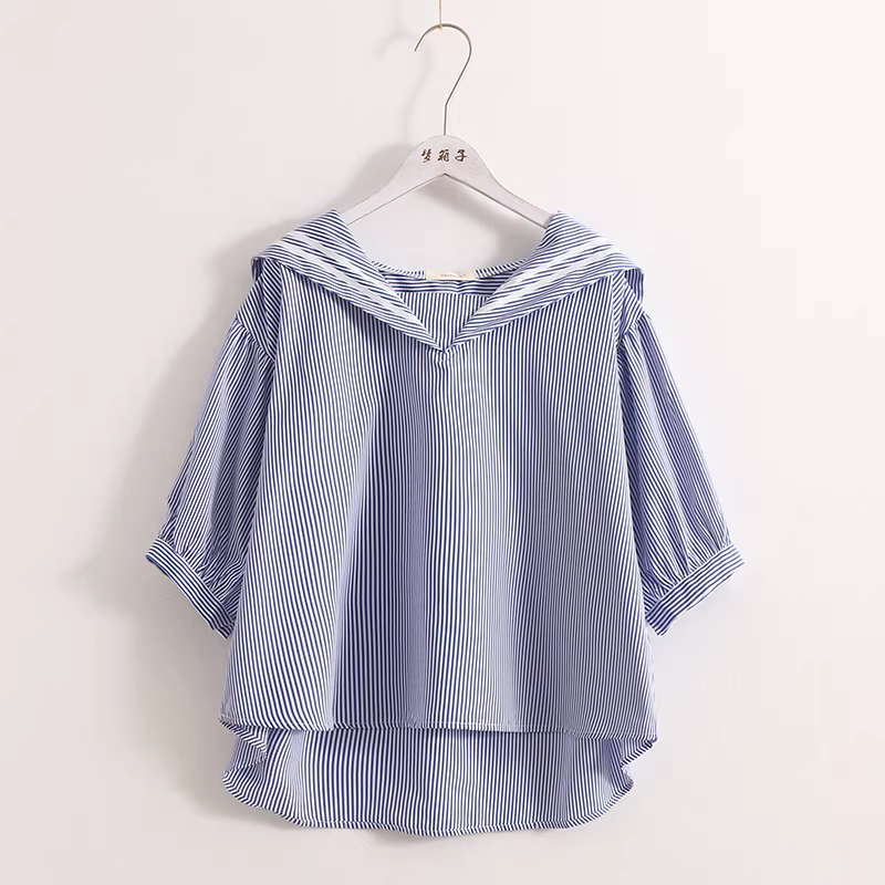 Áo sơ mi nữ Dream Box 2024 mùa hè kiểu mới, phong cách nghệ thuật, tươi mới, sọc, phối màu, cổ áo màu hải quân, tay ngắn, dáng rộng, trẻ trung