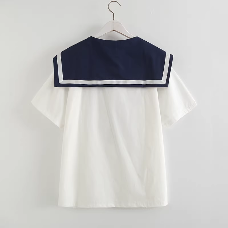 Dream Box 2023 Mùa Hè Phong Cách Mới Màu Khối Chắp Vá Thắt Nút Chéo Cổ Thủy Thủ Áo Chui Đầu Ngắn Tay Áo Cotton Rộng Cho Nữ