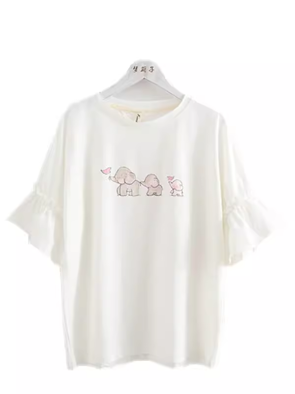 Dream Box 2025 Mùa hè Phong cách mới Ba chú voi nhỏ In hình học sinh Áo thun nữ tay loe xòe dáng rộng Áo thun cotton