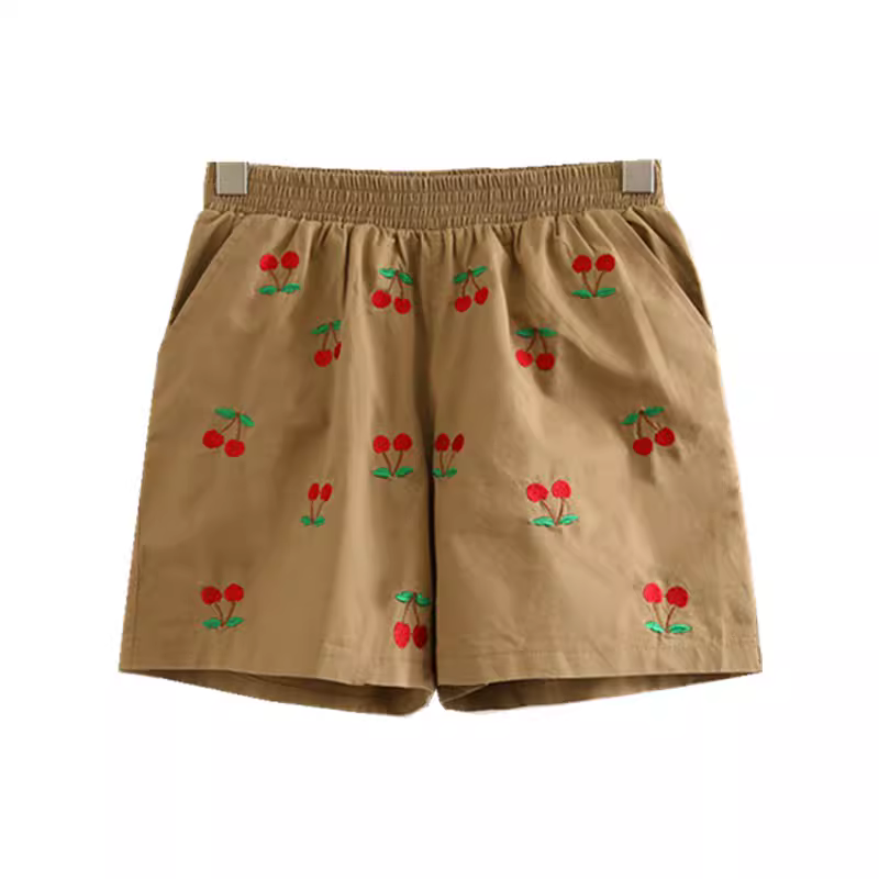 Dream Box 2024 Mùa Hè Mới Anh Đào Ngọt Ngào Thêu Quần Short Học Sinh Lưng Thun Thường Ngày Quần Short Cotton Cho Nữ