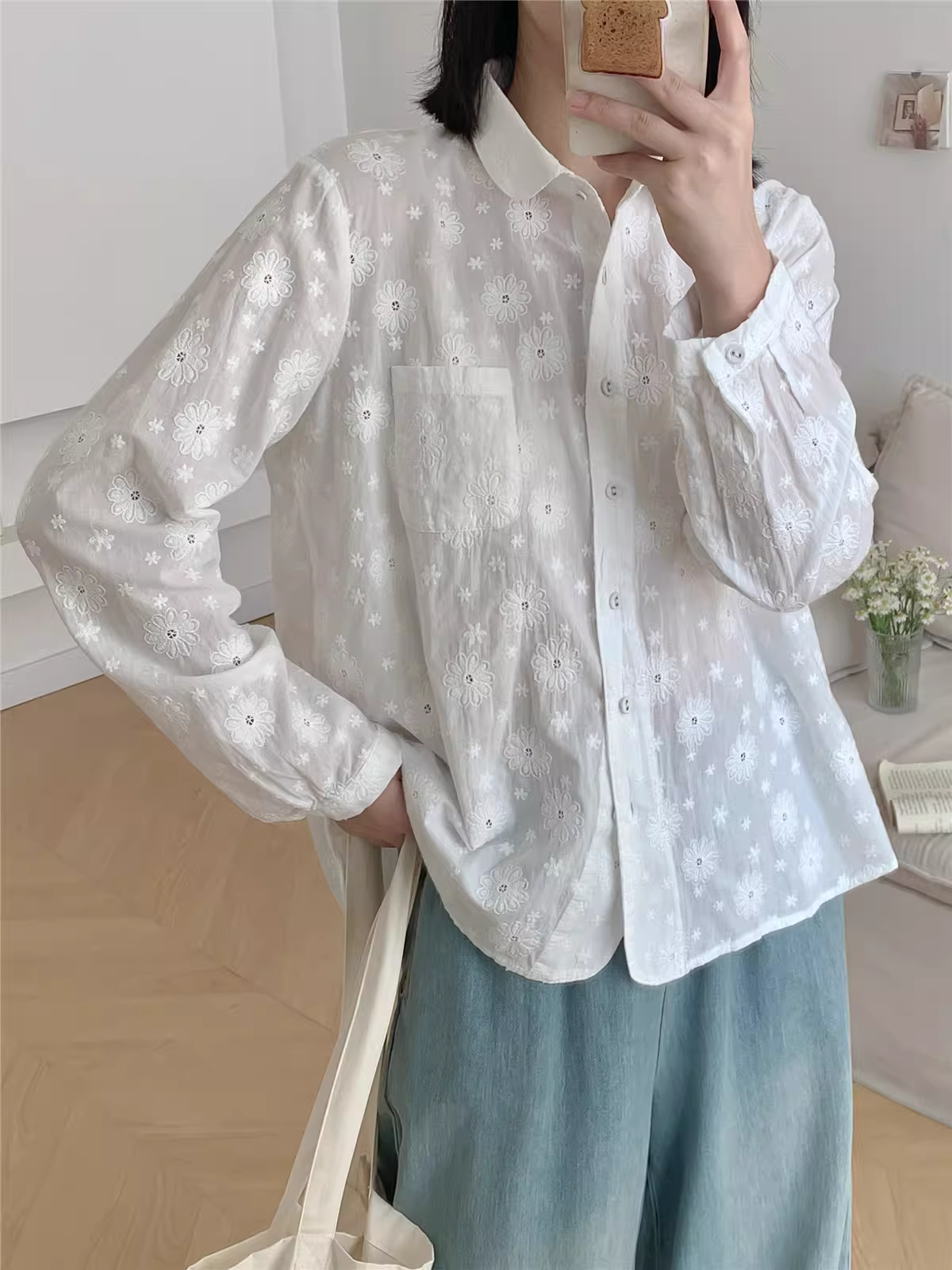 Áo sơ mi cotton thêu hoa cúc mùa thu mới Dream Box 2024, cổ trụ, tay dài, dáng rộng, màu trơn ngọt ngào