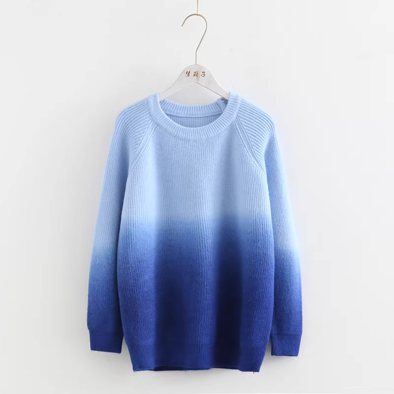 Dream Box 2023 Áo len chui đầu cổ tròn mới nghệ thuật tươi mới dành cho nữ Áo len dáng rộng đa năng nhuộm màu gradient