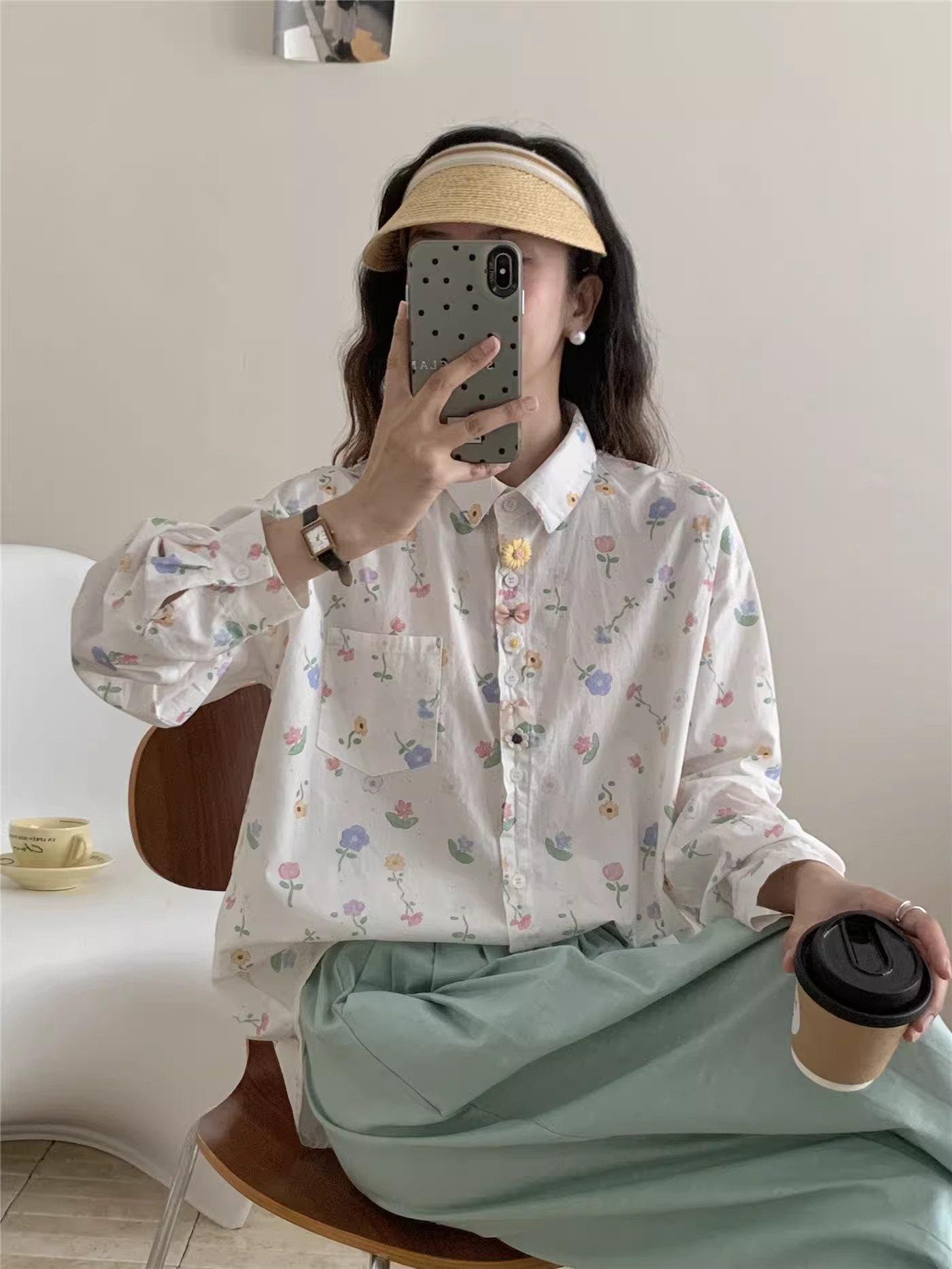 Áo sơ mi cotton in họa tiết hoa hoạt hình Dream Box 2025 mùa thu, nhiều khuy, cổ sơ mi, tay dài, dáng rộng, áo trẻ trung.