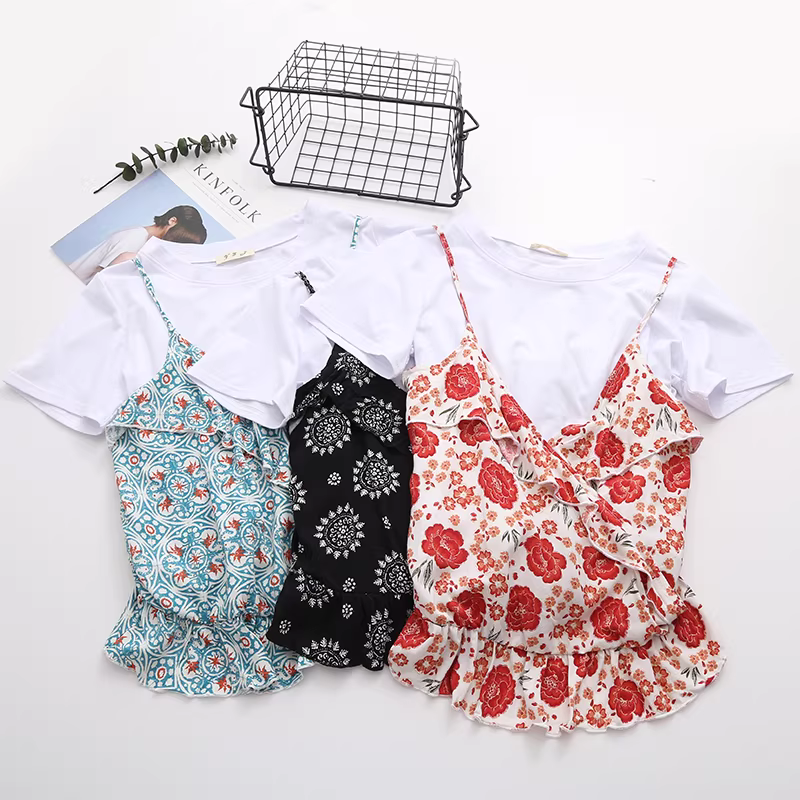 Bộ Đồ Hai Mảnh Mùa Hè Mới 2024 Dream Box Phong Cách Ngọt Ngào, Thiết Kế Xù Lông Tươi Mát, Áo Hai Dây Hoa Nhỏ Đa Năng Cho Nữ