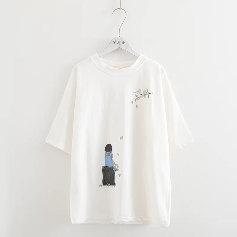 Dream Box 2021 Mùa Hè Mới Chim In Hình Cô Gái Sinh Viên Top Nữ Cổ Tròn Chui Đầu Tay Ngắn Rời Áo Thun Trắng