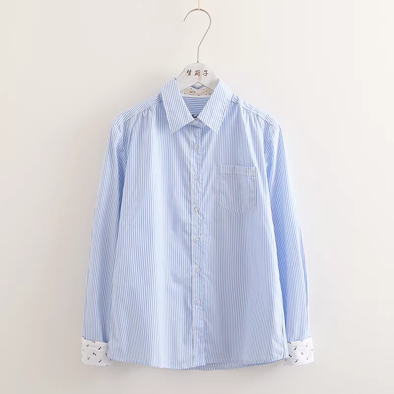 Áo sơ mi cotton kẻ sọc dọc mới mùa thu 2024 Dream Box, cổ trụ, tay dài, dáng ôm.