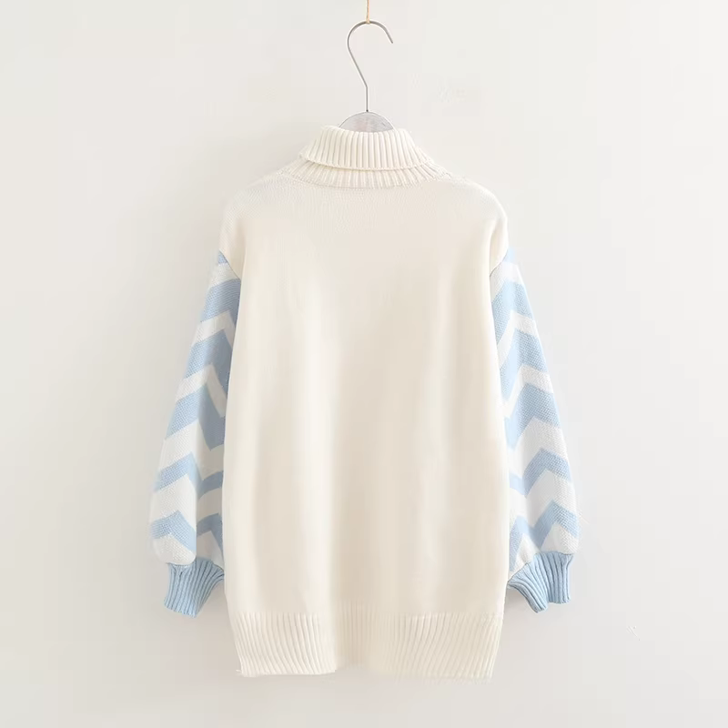 Áo len cao cổ tay đèn lồng phối màu Xuân 2024 Dream Box dành cho nữ, chất liệu dệt kim xoắn ốc, kiểu dáng dễ thương