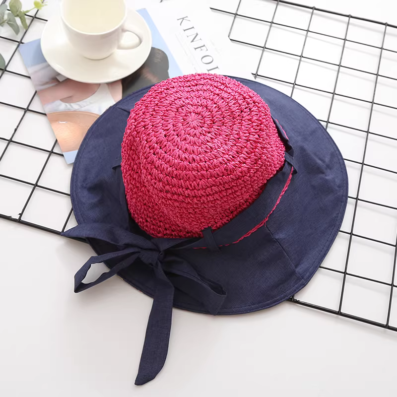 Dream Box 2023 Mùa Hè Mới Ngọt Ngào Thắt Nơ Mũ Rơm Vải Chắp Vá Có Thể Gập Lại Mũ Chống Nắng Thông Thường