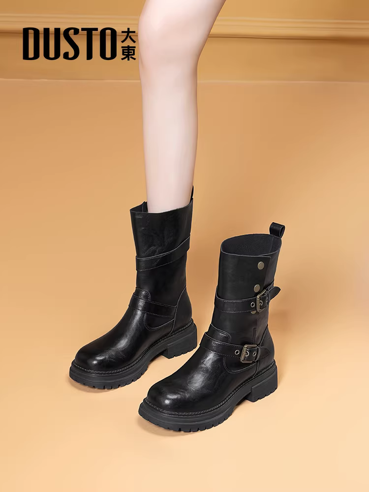 Giày bốt cổ ngắn đế dày màu đen Dadong dành cho nữ 2025 Giày bốt cưỡi ngựa mùa thu đông mới được ưa chuộng Giày bốt nữ Giày bốt đến giữa bắp chân Giày bốt Martin