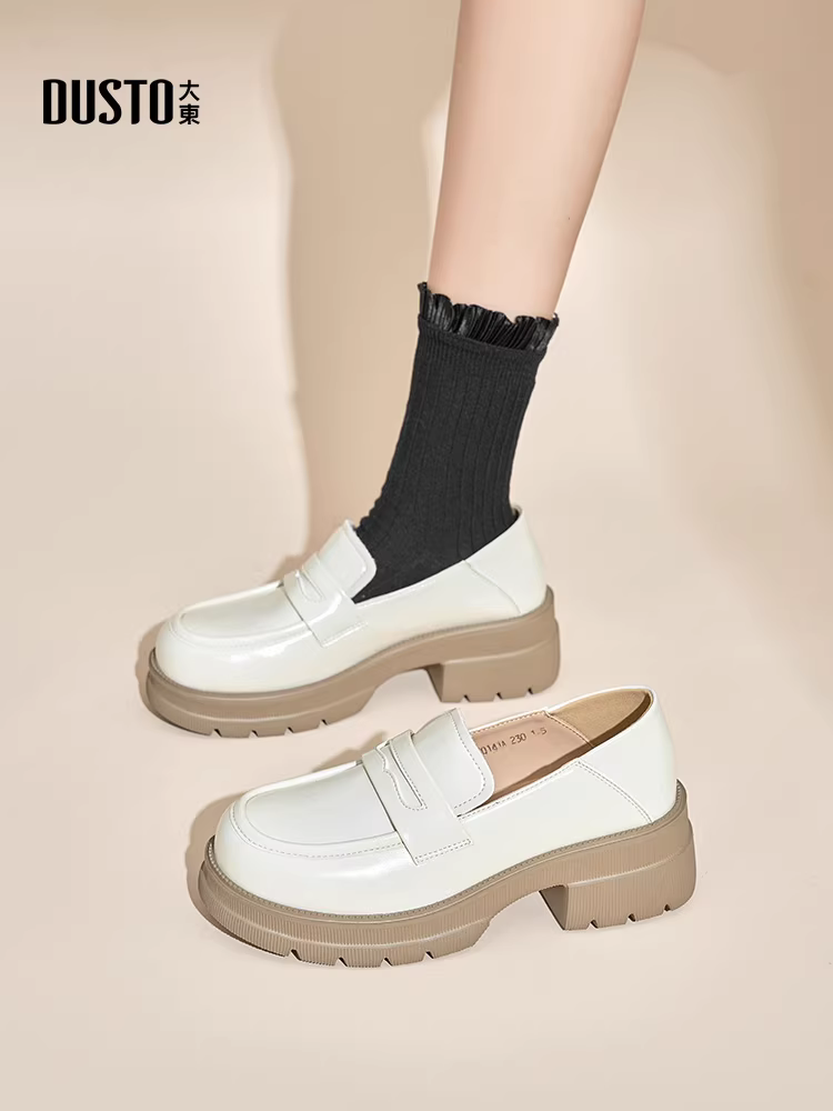 Giày lười đế dày Dadong dành cho nữ, giày nữ kiểu mới thu đông 2025, giày da trắng kiểu Pháp, kiểu lười tăng chiều cao.