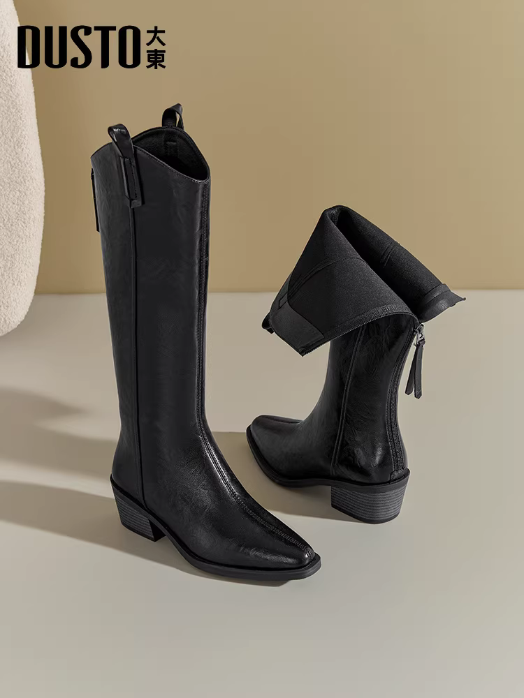 Giày bốt dài mũi nhọn Dadong dành cho nữ 2025 giày bốt dài lót lông cừu mùa thu đông mới giày bốt dài đế dày giày cao bồi phương Tây giày cưỡi ngựa