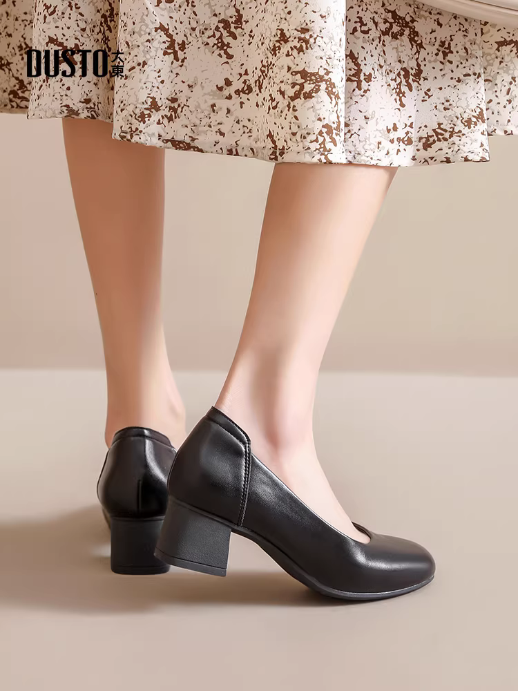 Giày cao gót đế thô Dadong dành cho nữ, mẫu mới thu đông 2025, màu đen, kiểu lười, đi làm, bền, êm, đế mềm.