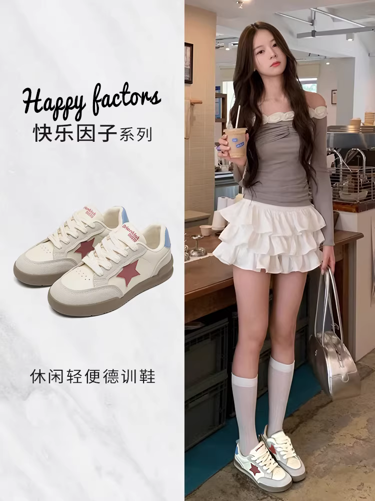 Giày nữ Dadong Dexun 2025 mẫu mới thu đông, giày nữ thời trang retro, giày thể thao đế bằng, giày trắng