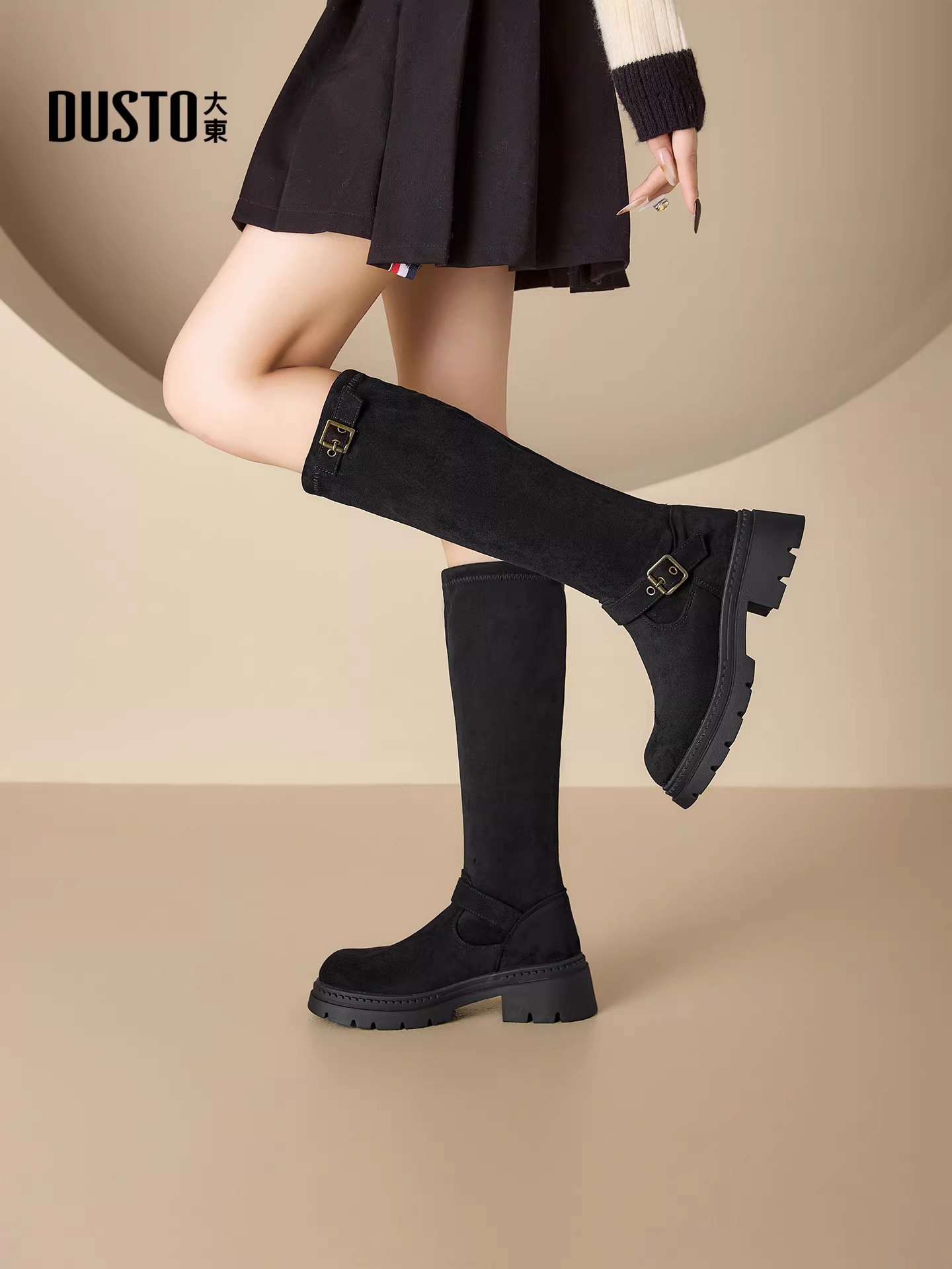 Giày bốt da lộn đen Dadong cao cổ nữ 2025 mới thu đông, lót lông, gót dày, đế dày, kiểu dáng thon gọn, bốt cao cổ dài