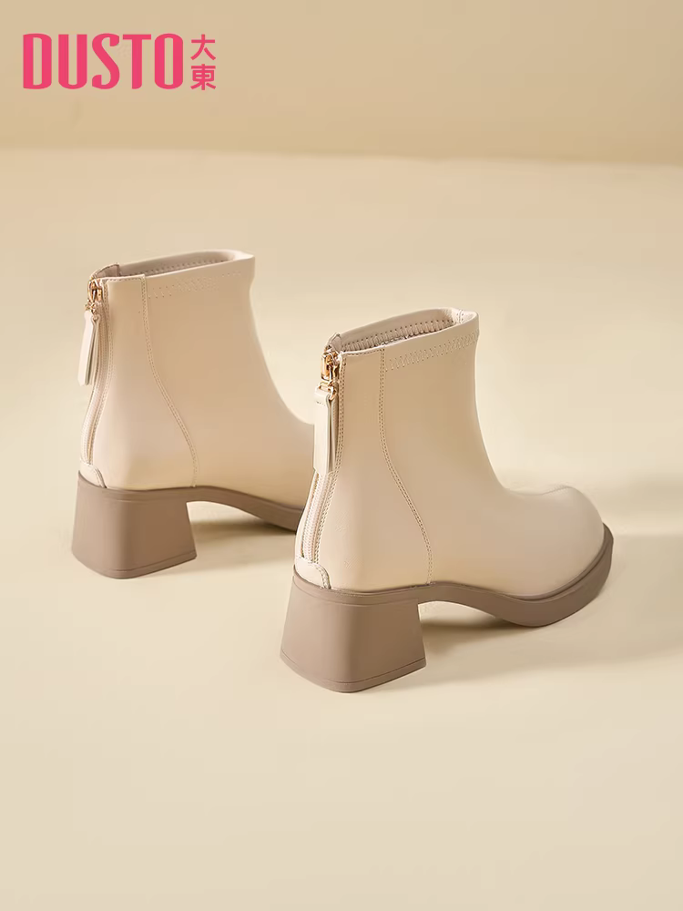 Giày bốt cao gót ngắn Dadong dành cho nữ 2025, mẫu mới thu đông, gót dày, kiểu Pháp, phối chân váy, màu trắng, kiểu Martin.