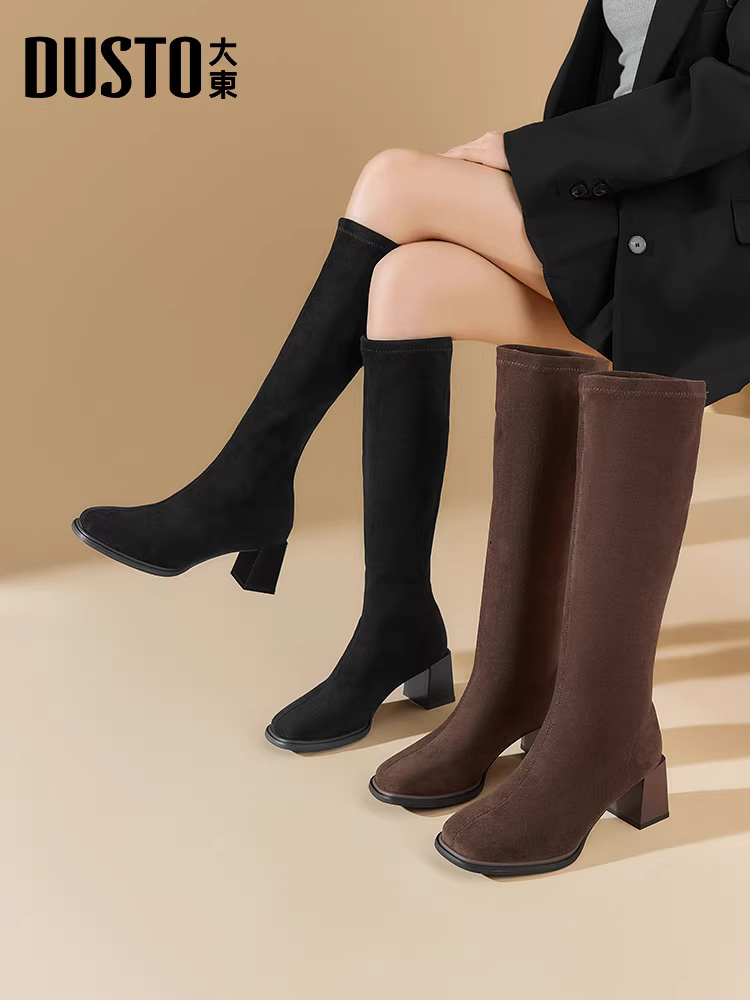Giày bốt dài màu đen Dadong dành cho nữ, mùa thu đông 2025, kiểu dáng ôm sát, chất liệu da lộn, gót cao, đế dày.