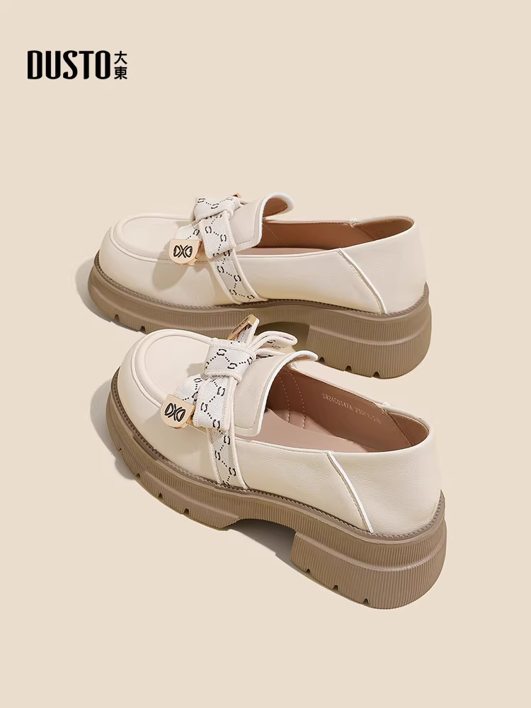 Giày lười đế dày gót thô Dadong dành cho nữ 2025, mẫu mới thu đông, kiểu nơ, giày nữ phong cách Pháp Hepburn, giày da nhỏ kiểu JK