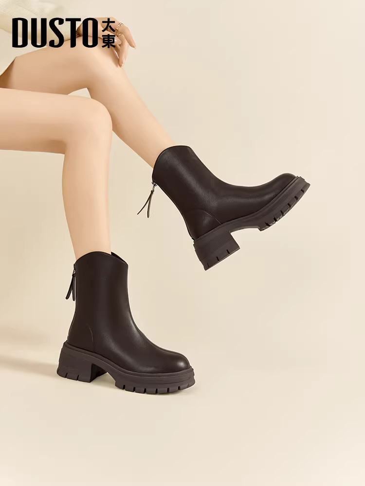 Giày bốt cổ ngắn mũi tròn thời trang Dadongju dành cho nữ 2025, mẫu mới thu đông, đế dày, gót chunky, kiểu Chelsea dành cho nữ nhỏ nhắn