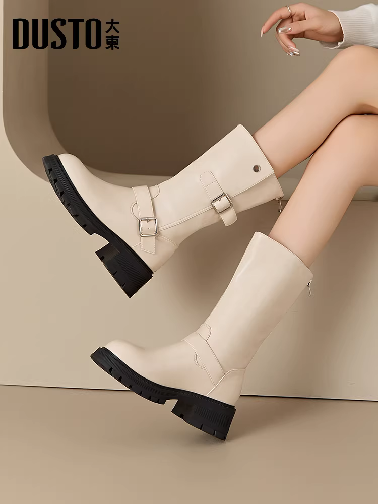 Giày bốt Dadongju thời trang cao đến giữa bắp chân dành cho nữ 2025, mẫu mới thu đông, kiểu Melard, kiểu Martin, màu nâu, giúp thon gọn chân, kiểu đi cưỡi ngựa