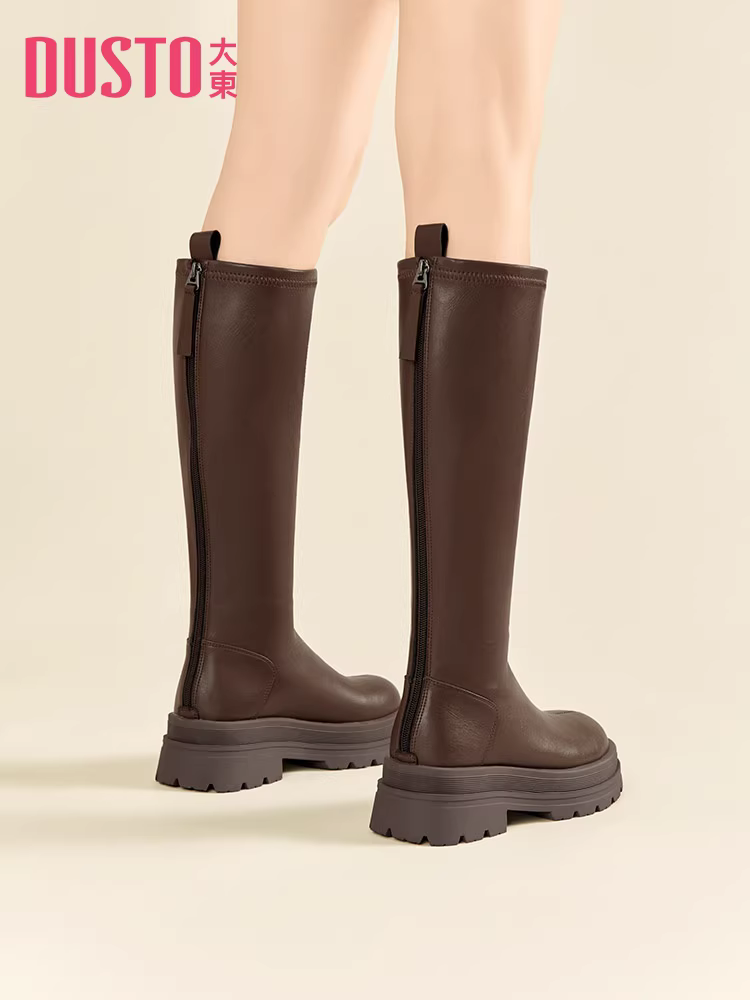 Giày bốt dài màu đen Dadong dành cho nữ, mẫu mới thu đông 2025, bốt nữ đế dày, bốt cao cổ, bốt ôm dáng.