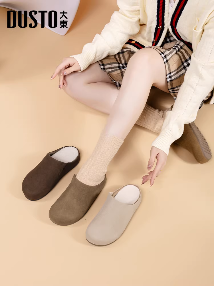 Dép nữ có lót lông cừu, kiểu Birkenstock mới mùa đông 2025, giày lười nửa đế mùa hè