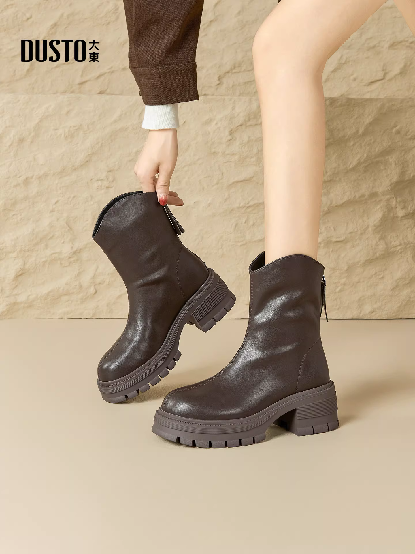 Giày bốt đế dày Dadong dành cho nữ kiểu thu đông 2025, giày bốt trắng rất đẹp, kiểu Chelsea, kiểu ôm sát, kiểu Martin.