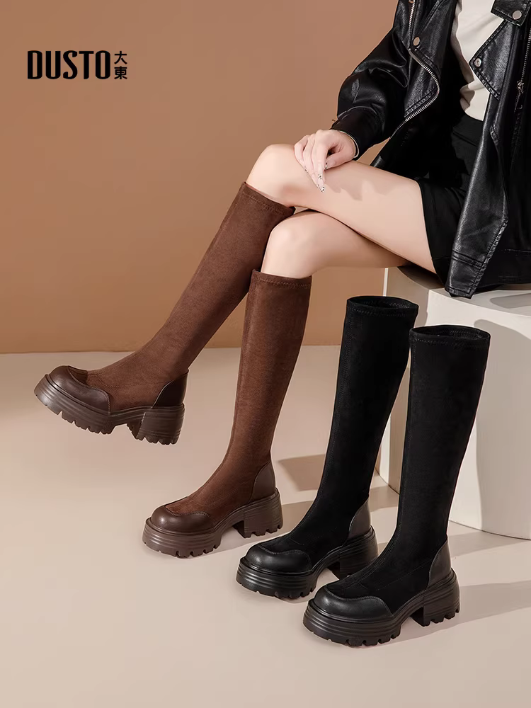 Giày bốt da lộn Dadong nữ, kiểu mới thu đông 2025, bốt cao đến đầu gối dáng nhỏ nhắn, bốt thun, bốt đế dày.