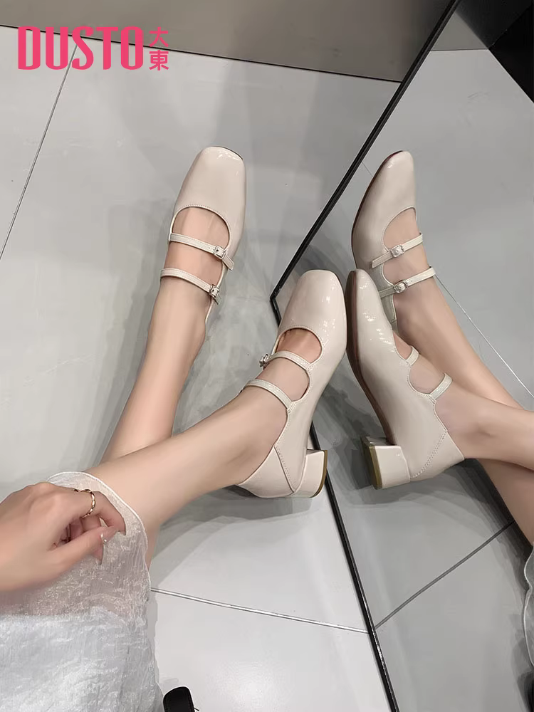 Giày Mary Jane bạc Dadong dành cho nữ 2025, giày nữ mùa thu mới, giày cao gót đế thô, gót trung bình, giày đơn giản, đa năng, giày da nhỏ