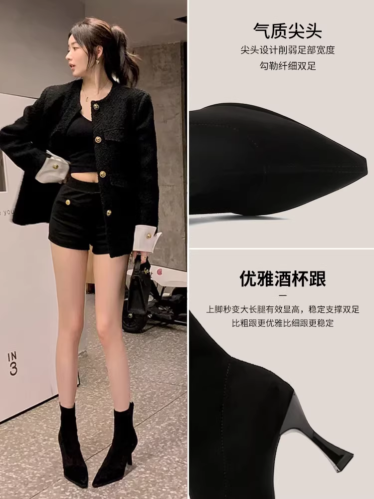 Giày bốt cao gót ngắn Dadong dành cho nữ 2025, mẫu mới thu đông, giày cao gót thun ôm dáng, mũi nhọn, kiểu dáng thời trang.