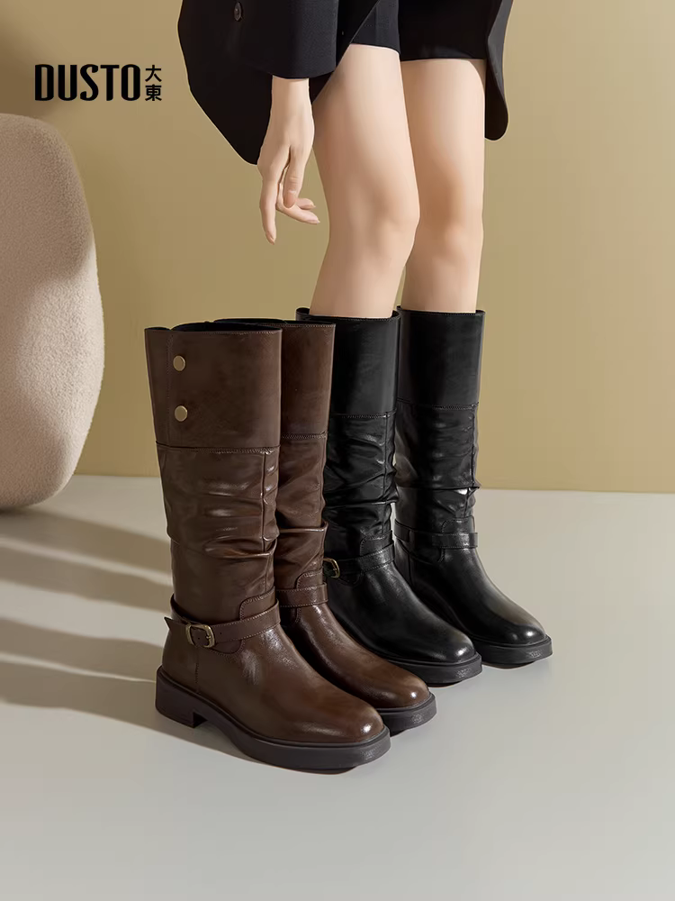 Giày bốt dài màu đen Dadong dành cho nữ 2025, mẫu mới thu đông, kiểu ống rộng dành cho nữ cỡ lớn, chân to, giày bốt thon gọn, giày bốt lười, bốt dài.