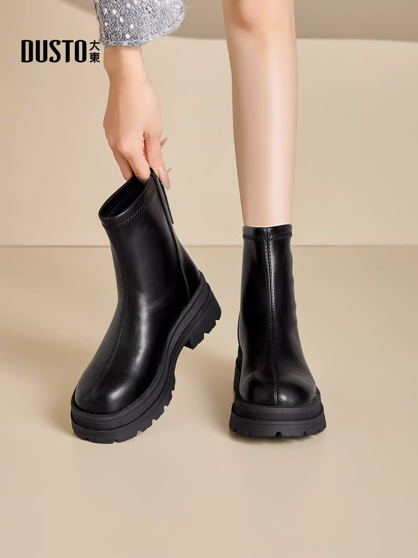 Giày bốt đế dày Dadong dành cho nữ 2025 Giày bốt lót lông cừu màu đen mùa đông mới Giày bốt dáng ôm Giày bốt Martin Giày bốt Chelsea dành cho nữ