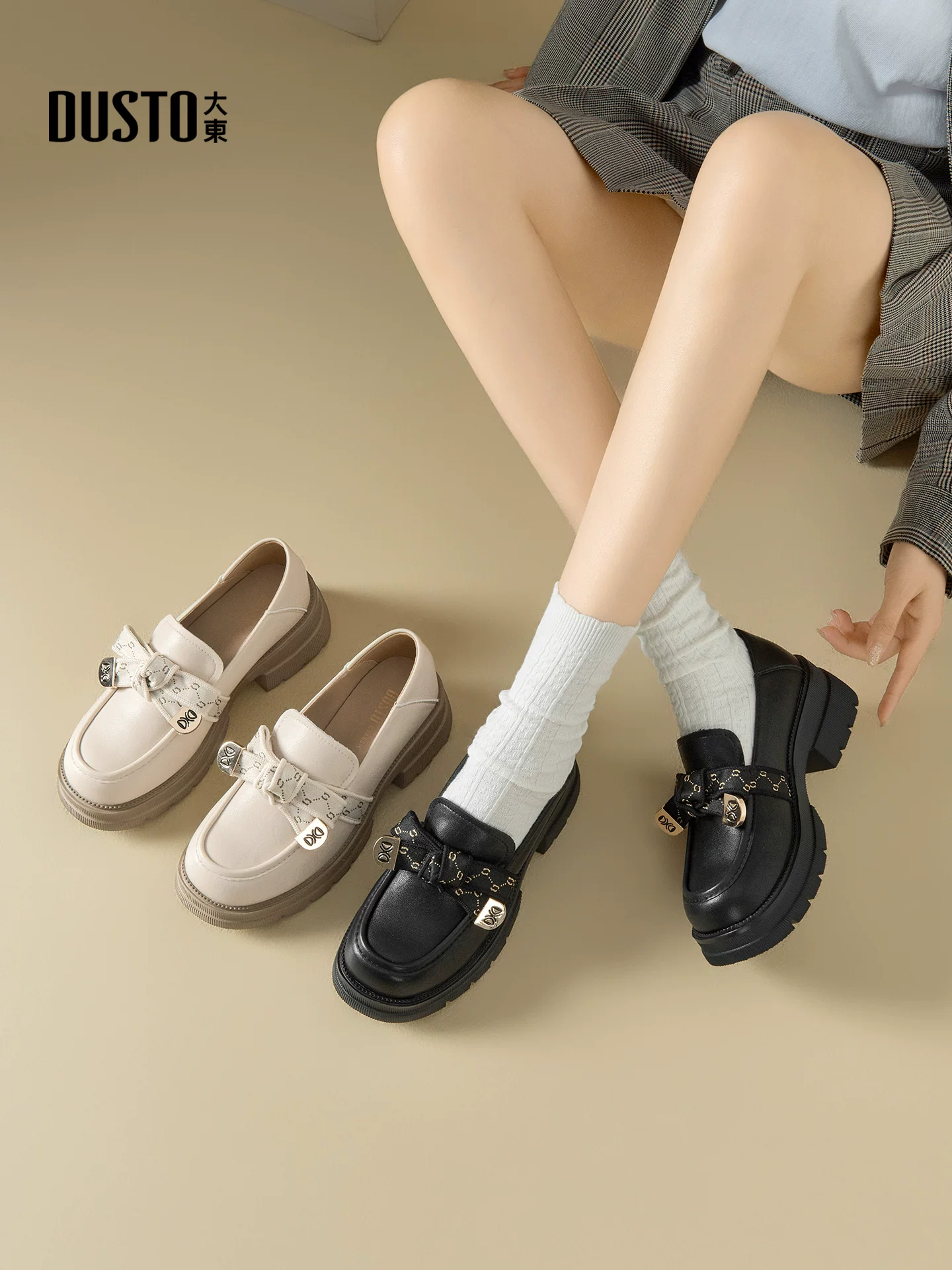 Giày lười đế dày màu đen Dadong dành cho nữ 2025, kiểu Anh, đa năng, phong cách JK, giày da nhỏ xinh có nơ, giày nữ mùa thu đông mới