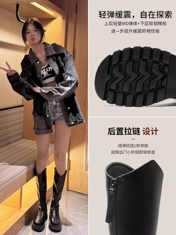 Giày bốt nữ cỡ lớn, ống rộng, mùa thu đông 2025, kiểu mới màu đen, nhẹ, đế dày, bốt dài dành cho nữ.
