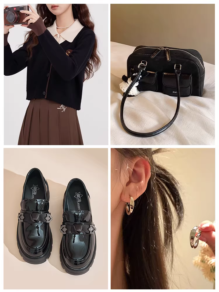 Giày da nhỏ kiểu Anh Dadong màu đen dành cho nữ, mẫu mới thu đông 2025, mũi tròn, mũi rộng, đế dày, chất liệu da bóng.