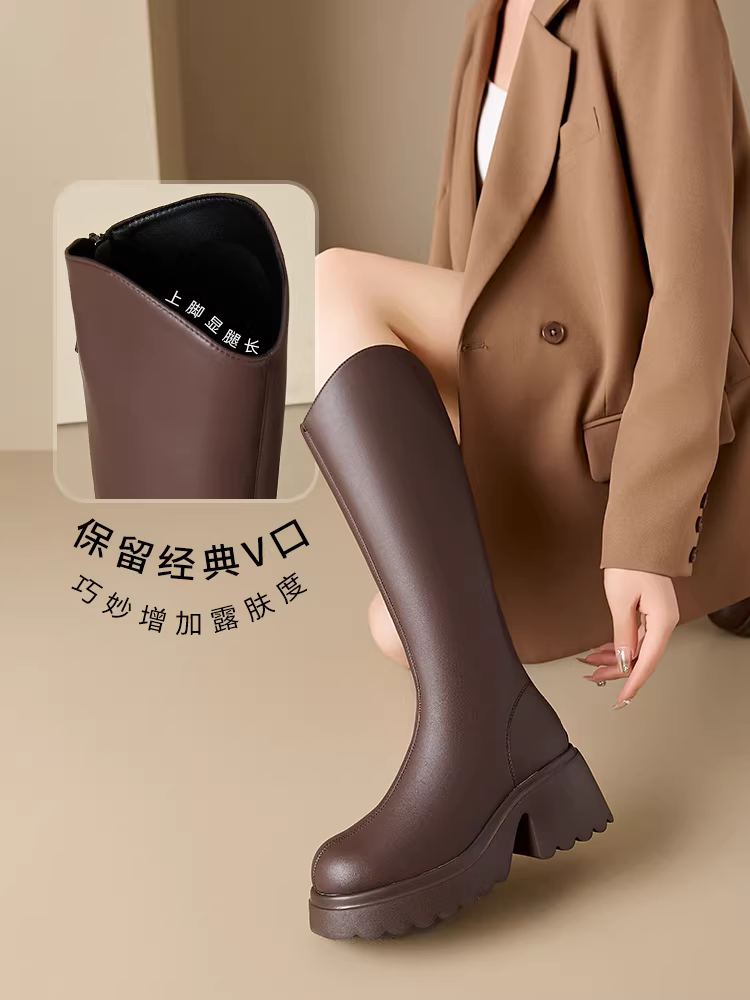 Giày bốt nữ Dadong đế dày bốt dài nữ kiểu mới 2025 bốt lót lông cừu mùa thu đông bốt cao cổ đi xe bốt dài nhỏ nhắn