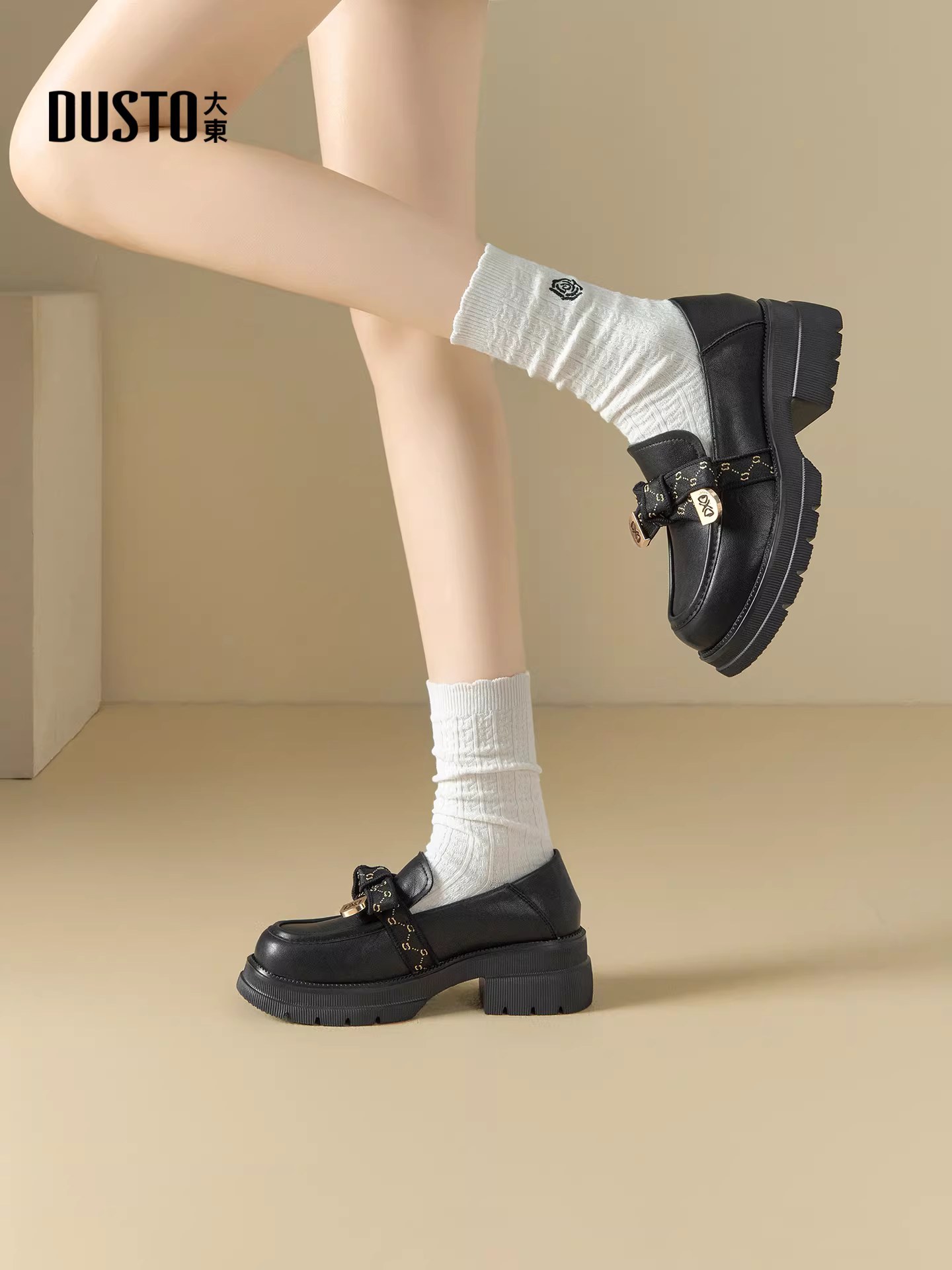 Giày lười đế dày màu đen Dadong dành cho nữ 2025, kiểu Anh, đa năng, phong cách JK, giày da nhỏ xinh có nơ, giày nữ mùa thu đông mới