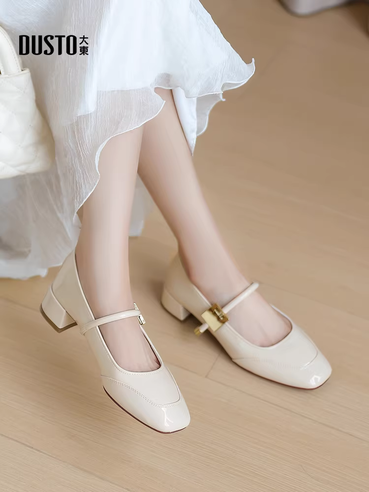 Giày cao gót đế thô dáng Mary Jane màu trắng da thật kiểu dáng mùa thu mới 2025 của Dadong dành cho nữ, thanh lịch và đẹp mắt