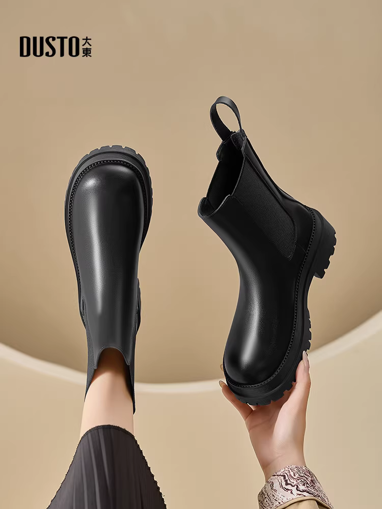 Giày bốt ngắn màu đen Dadong dành cho nữ 2025 mẫu mới hot mùa thu đông, kiểu Chelsea đế dày tăng chiều cao, giày Martin nữ