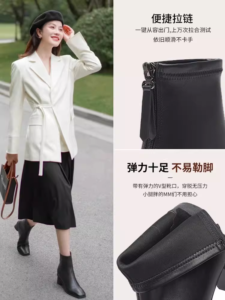 Giày bốt cao gót ngắn màu đen Dadong dành cho nữ, mẫu mới mùa đông 2025, mũi vuông, gót dày, lót lông, kiểu Chelsea, kiểu Martin