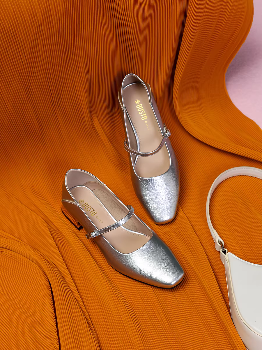 Giày nữ Dadong Silver kiểu đơn giản, mẫu mới Thu 2025, giày nữ đế thấp, gót thô, kiểu Mary Jane Pháp, giày da nhỏ cổ điển