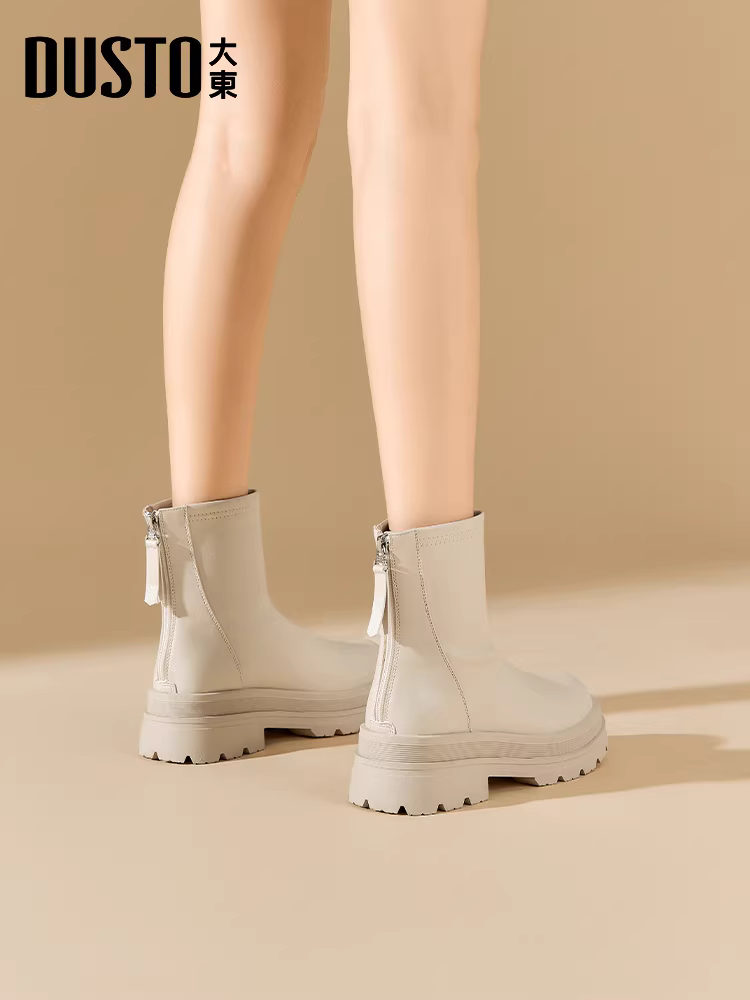 Giày bốt ngắn màu trắng Dadong dành cho nữ 2025, mẫu mới thu đông, lót lông cừu, đế dày, kiểu dáng ôm sát, kiểu Chelsea Martin của Pháp