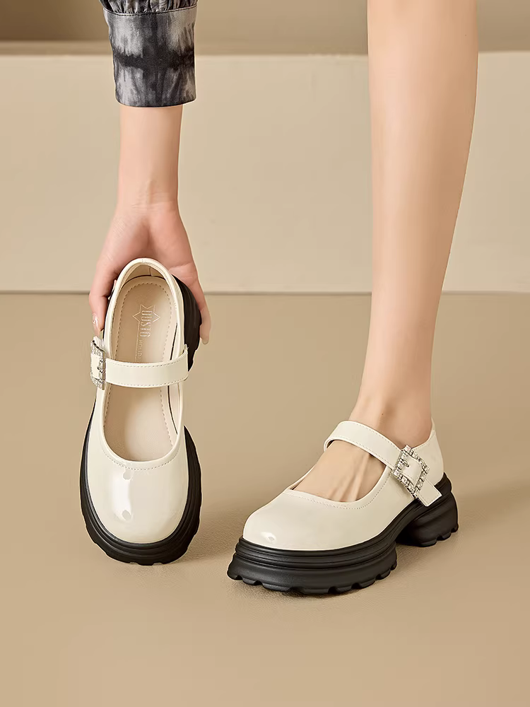 Giày Mary Jane đế dày tăng chiều cao Dadong dành cho nữ 2025, kiểu dáng mới mùa thu, phong cách retro Pháp, kiểu Hepburn, mũi tròn, giày da nhỏ kiểu JK
