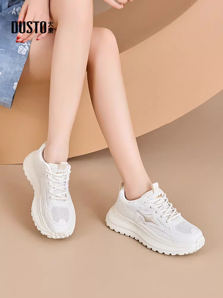 Giày thể thao đế dày Dadong dành cho nữ 2025, mẫu mới thu đông, giày lưới thoáng khí, đa năng, màu trắng.
