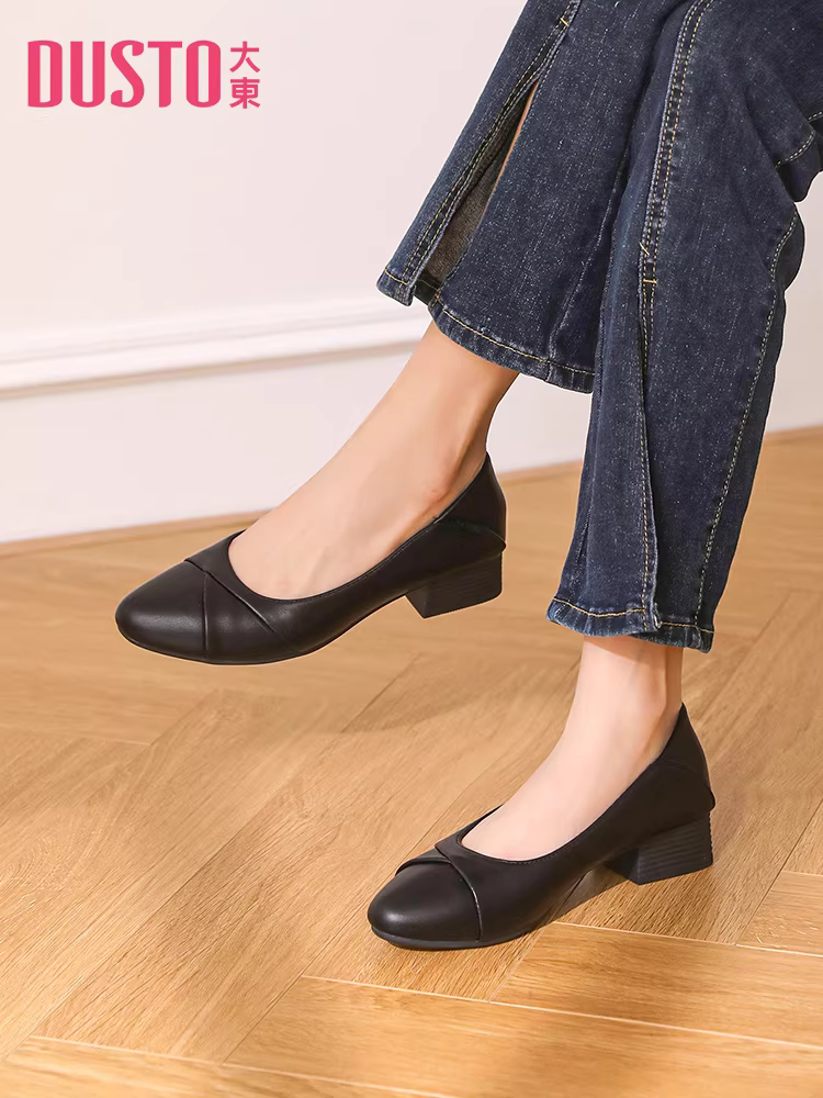 Giày công sở nữ, kiểu thu đông 2025 mới, gót dày, đế mềm, thoải mái, giày lười đen, giày đi làm.