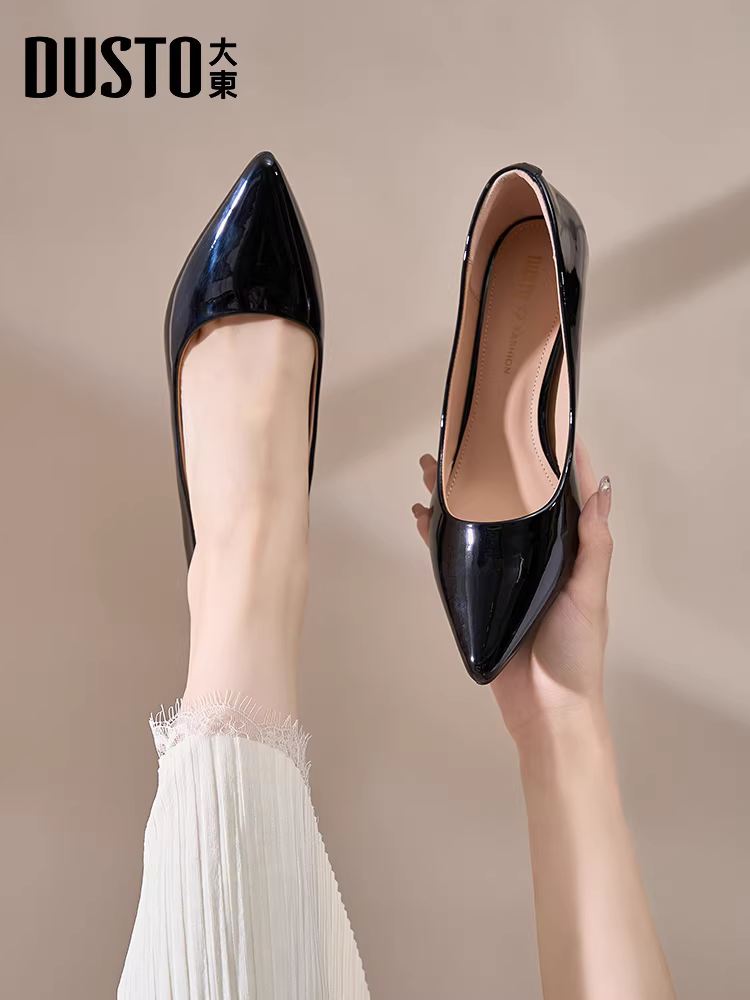 Giày cao gót mũi nhọn màu đen Dadong dành cho nữ, kiểu mới mùa thu 2025, gót nhọn, giày cao gót da bóng thanh lịch, giày công sở nữ.